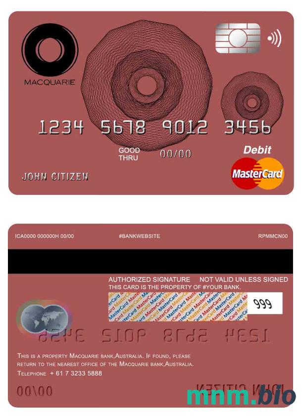 Australia Macquarie bank przykład karty mastercard w formacie PSD